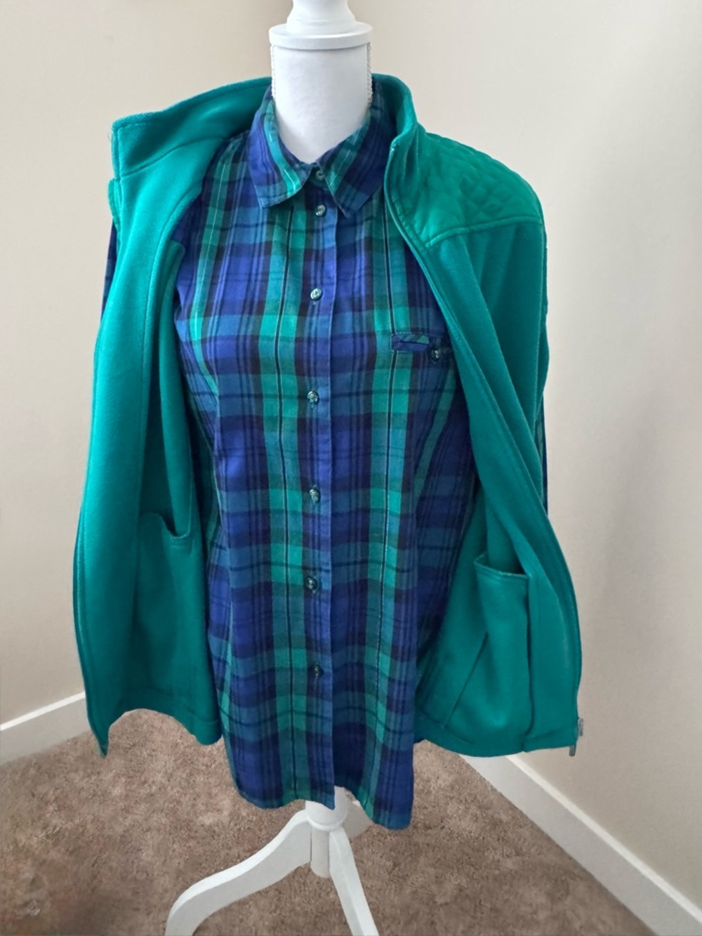 Allison Daley and Blue Plaid Shirt with Green Fleece Vest